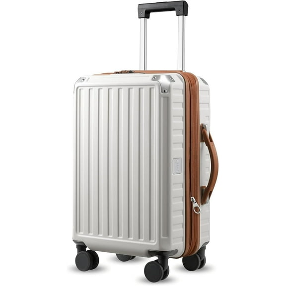 Carry On Luggage 22x14x9 Airline Approved, PC Expandable Hard Shell Suitcases with Spinner Wheels, 20 Inch, White Brown