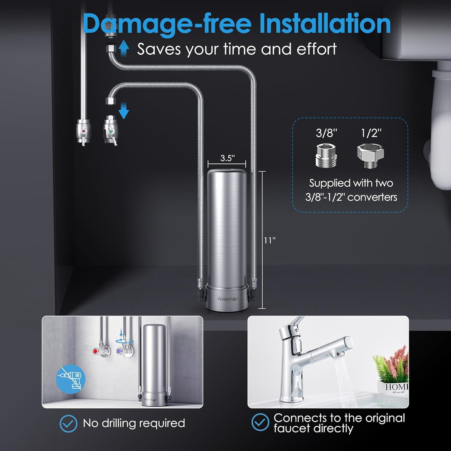 Restored Waterdrop AS13 Under Sink Water Filter System, Reduces Lead, Chlorine, Bad Taste & Odor, PFAS, No Drilling Required 6 Stage Stainless Steel Under Sink Water Filtration (Refurbished)