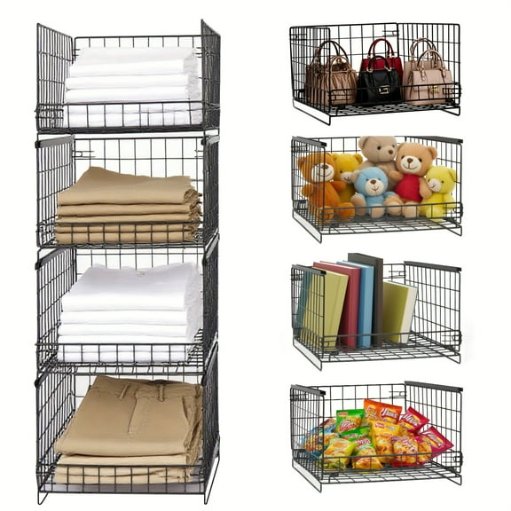 4-Tier Stackable Metal Closet Organizer Bins, Foldable Wire Mesh Storage Shelves For Clothes, Pants, Sweaters, Wardrobe & Bedroom Organization, Black, Shelf Baskets