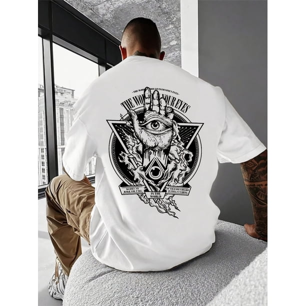 Men's Summer Casual T-Shirt with Unique Eye Print - Soft Polyester & Spandex Blend, Crew Neck, Short Sleeve, Machine Washable, Printed, Leisure Style, Conventional Version, Summer