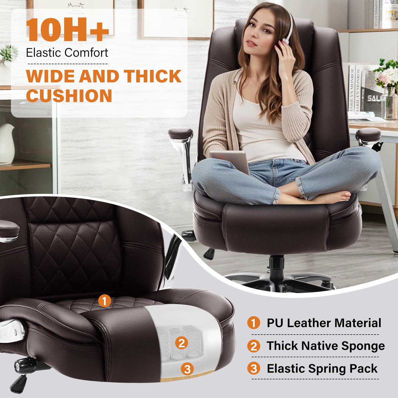 High Back Office Chair with Lumbar Support, Large Upholstered Executive Desk Chair, Faux Leather Computer Chair with Flip-up Arms, Rubber Wheels