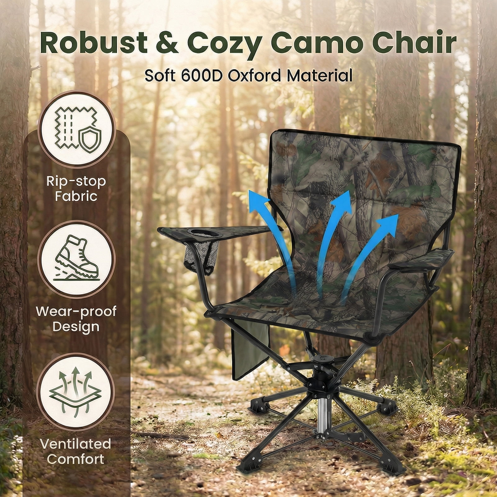 Goplus 1 PCS 360° Swivel Hunting Chair with Mesh Cup Holder & Storage Pockets Cozy Backrest Camouflage