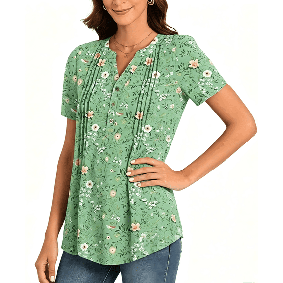 Women’s Floral Tops Short Sleeve Henley Shirt Button Down Casual Loose Fit Lightweight Tunic Blouse for Daily Wear(Available in Plus Size)