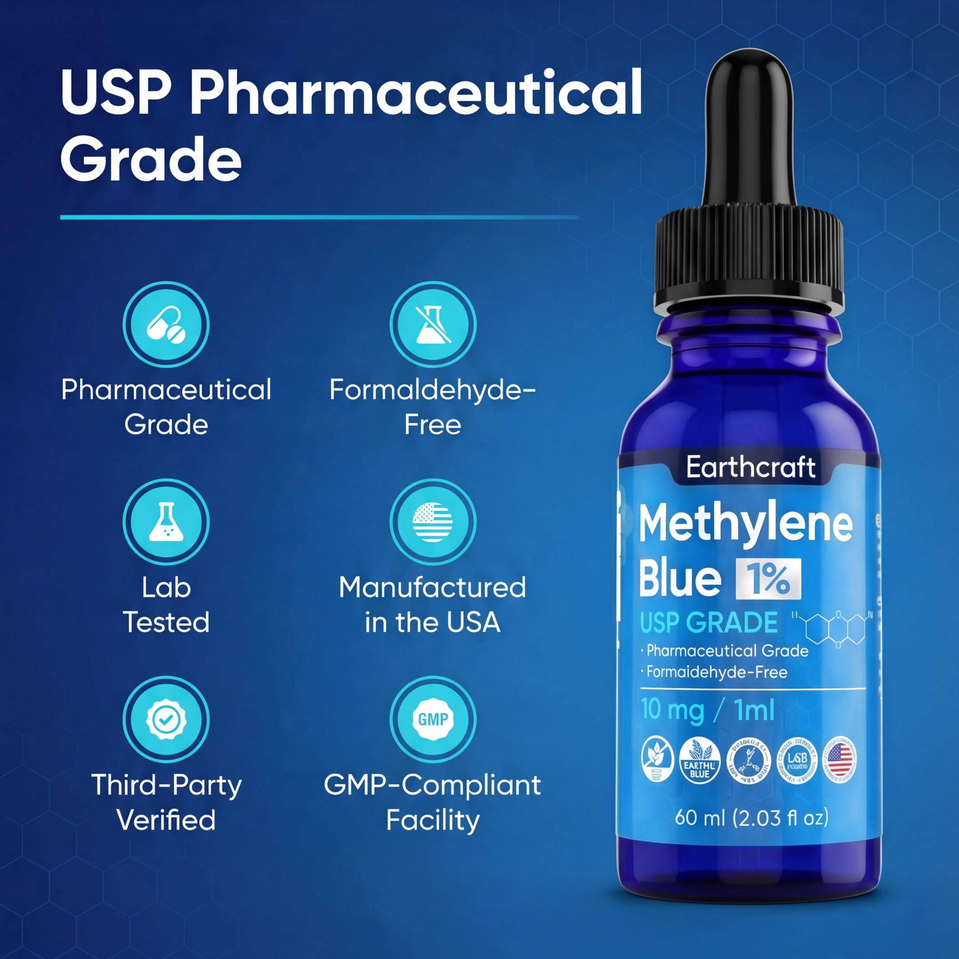 Methylene Blue Drops 1% USP Pharmaceutical Grade – High Purity Methylene Blue in Liquid Glass Dropper Bottle – Lab-Tested Solution for Research Use Only – 60 ml