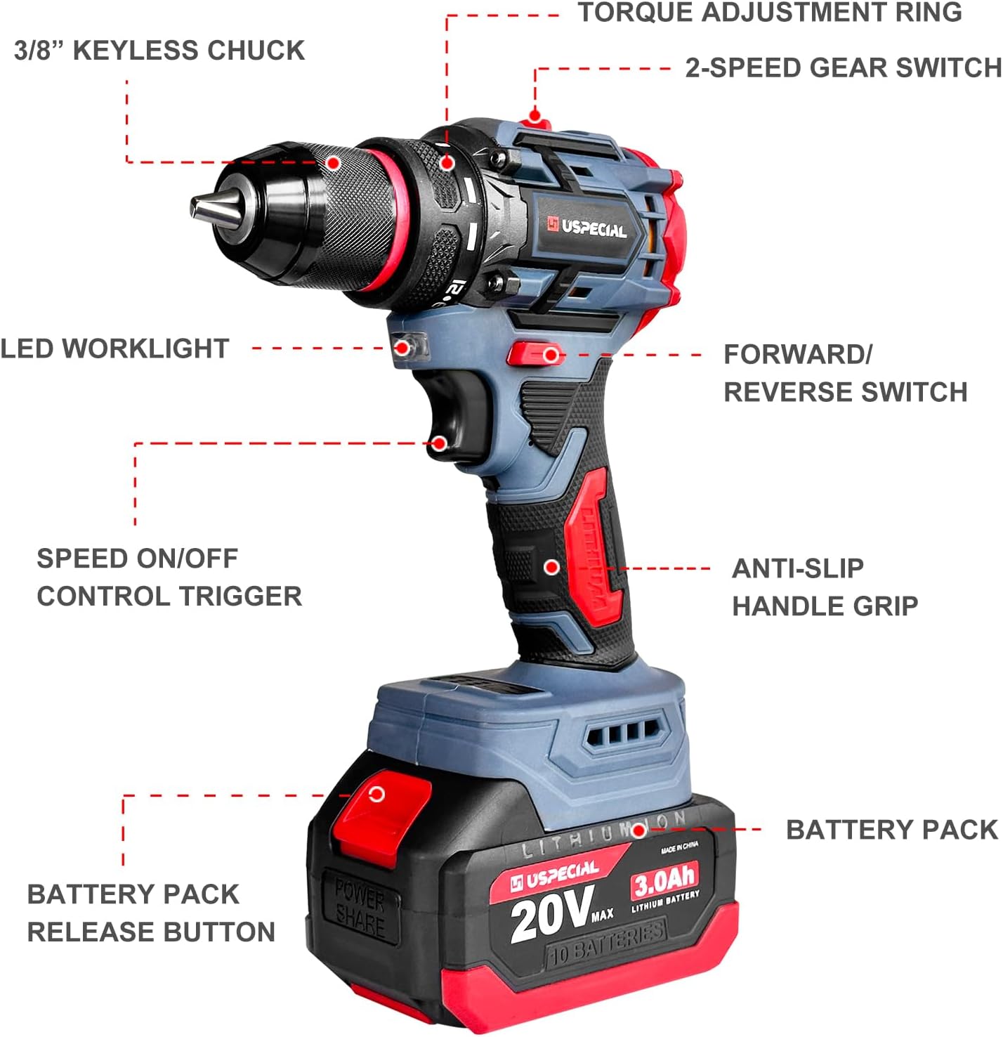 20V Cordless Brushless Power Drill Set, 3/8-Inch Chuck, 443 In-Lbs Torque, 2 Variable Speed