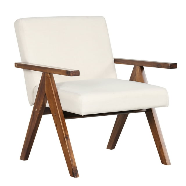 Costway 1 PCS Modern Accent Chair Linen Fabric Armchair with Solid Acacia Wood Frame Beige