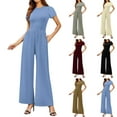 thumbnail image 2 of LYMAYTER Womens Crewneck Jumpsuits Summer Solid Color Soft Bodysuit Pants Female Short Sleeve Casual Rompers S-2XL, 2 of 9
