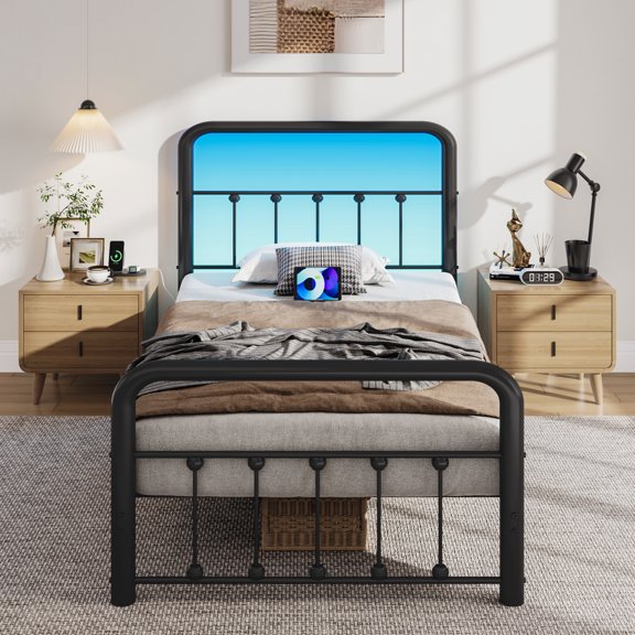 Lifezone Twin Bed Frame, Classic Metal Platform Bed Frame, with Charging Station and LED, No Need for Springs, Black