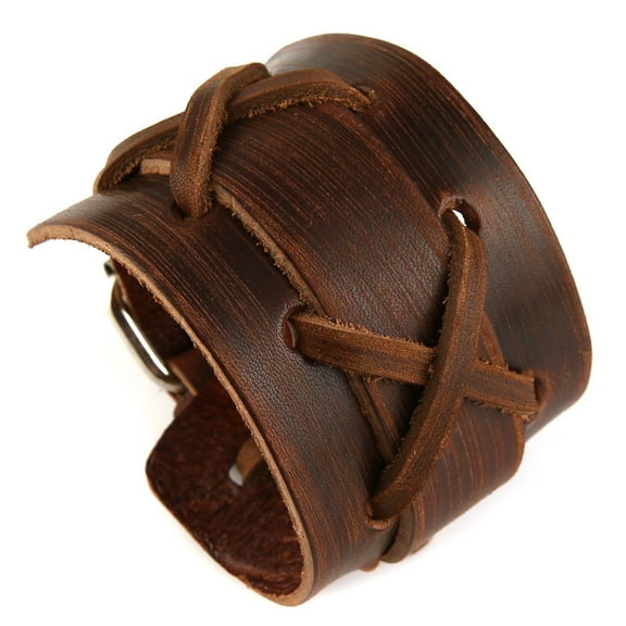 HZMAN Wide Genuine Leather Casual Mens Brown Cuff Bangle Bracelet