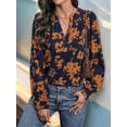 thumbnail image 2 of Women'S Floral Print Long Sleeve V-Neck Shirts Loose Casual Workout Blouses Navy Blue S, 2 of 7