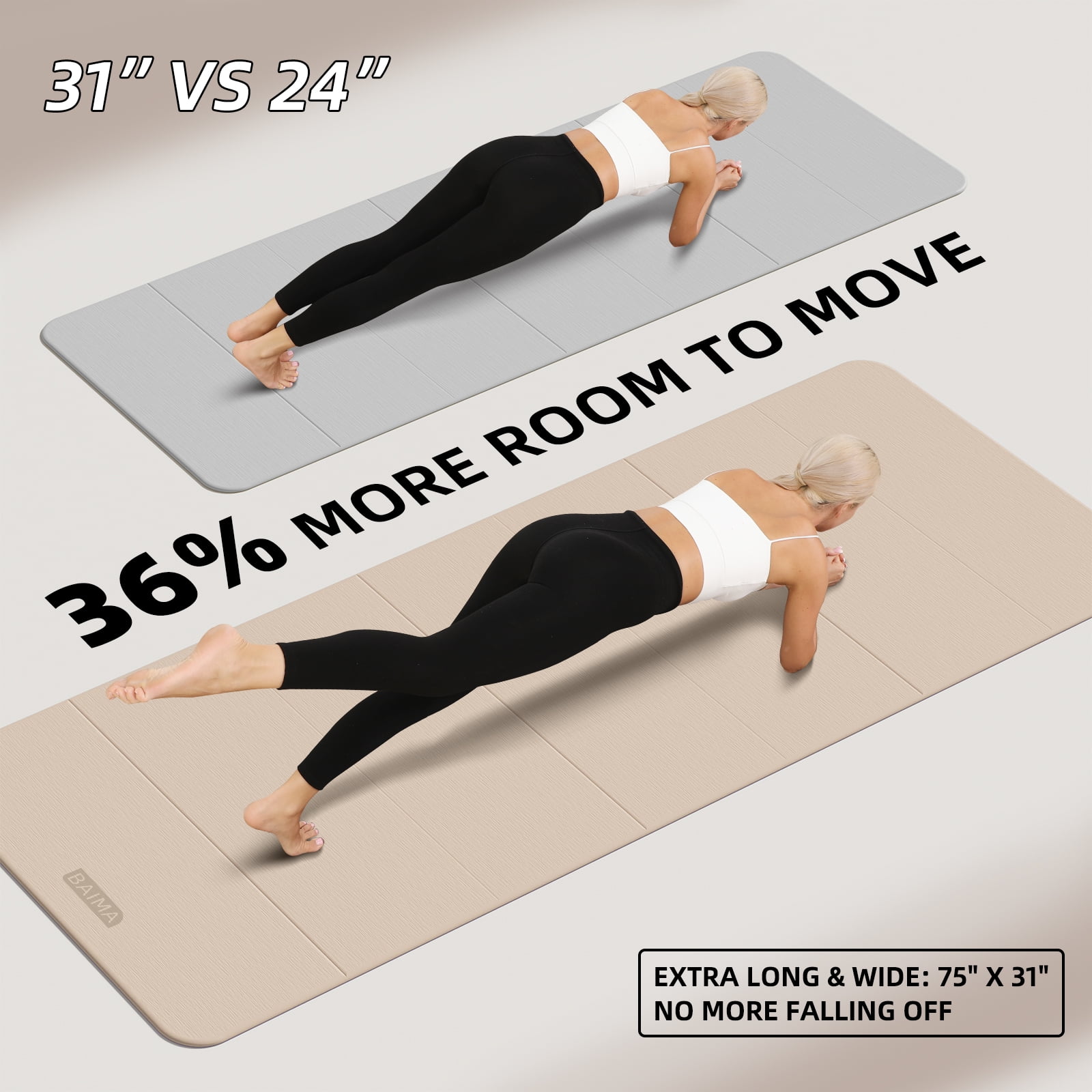 BAIMA Extra Wide Yoga Mat 31.5" x 75" length Large Non-Slip TPE Foldable,Exercise Matt for Yoga Pilates,Home Gym Flooring, Meditation (Milk Coffee)