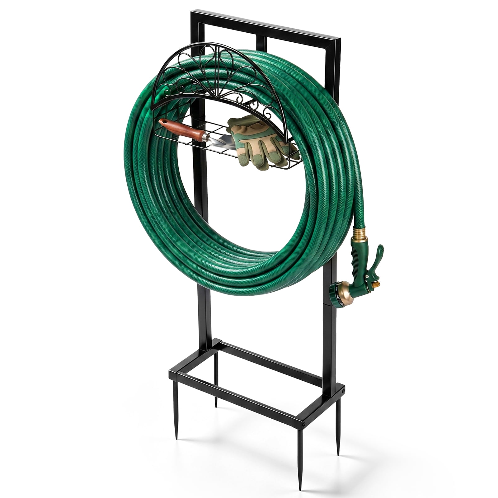 Heavy-Duty Freestanding Garden Hose Holder with Storage Basket
