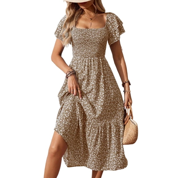Women'S Summer Boho Floral Midi Dress Casual Short Sleeve Square Neck Flowy Beach Vacation Long Dress Khaki XL
