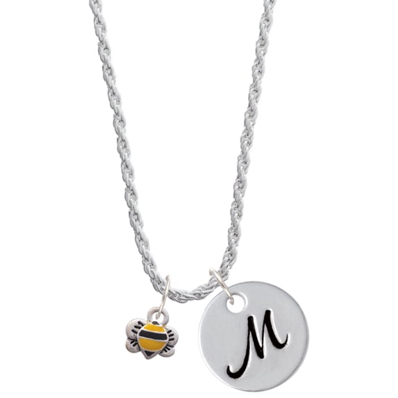 Delight Jewelry Silvertone Mini Bumble Bee Silvertone Script Initial Disc - M - Charm Necklace, 20"+3"