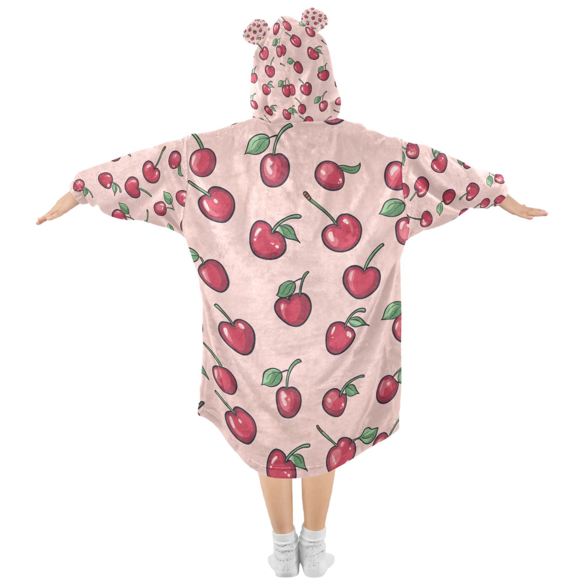 FORMRS Wearable Blanket Hoodie with Sleeves for Kids Cozy Flannel Sweatshirt, Cherries Pattern