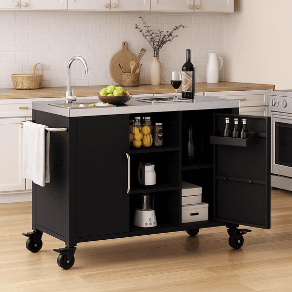 K&K 55.5" Outdoor Kitchen Island with Sink, Metal Grill Cart Table with 304 Stainless Steel Sink, Outdoor Bar Cart Sink Station with 4 Lockable Wheels for Pizza Prep & BBQ, L 55.5" x W 20" H 36.7"