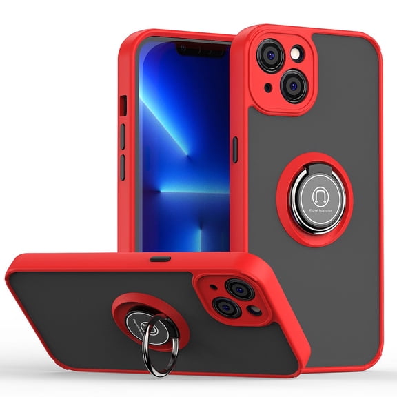 for iPhone 14 6.1" 2022 Lightweight Case, Hard PC & Flexible TPU Case with Ring Kickstand Anti-Fingerprint Heavy Duty Full Body Protective Case for iPhone 14 Women Men, Red