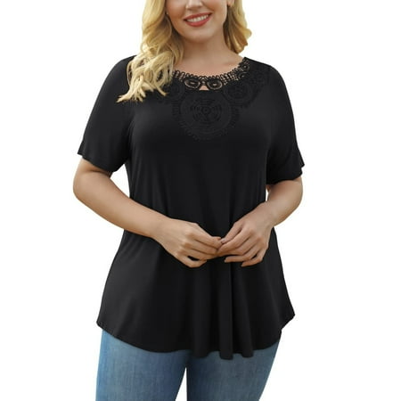 

Women Tops Crew Neck Lace Crochet Eyelet Short Sleeve Plus Size Casual Shirts Ladies Trendy Swing Flowy Blouses Tshirts