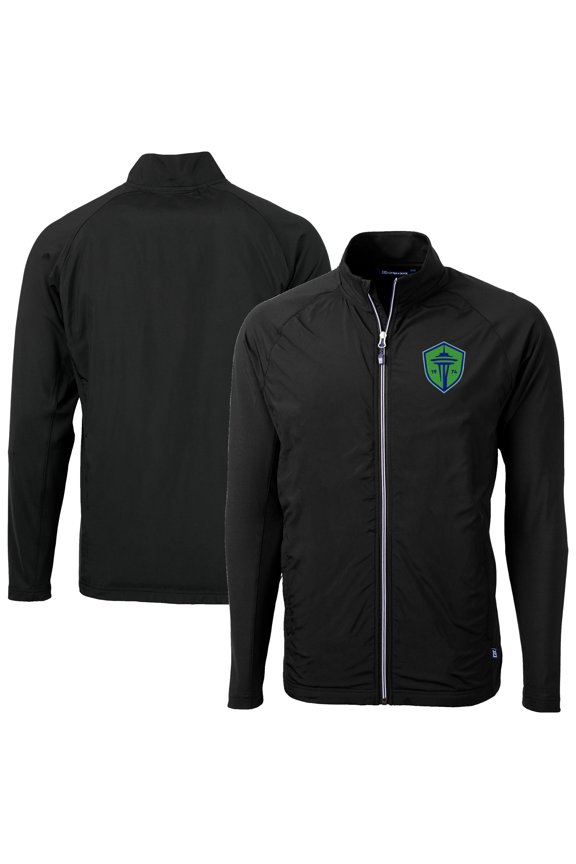 Men's-Cutter & Buck  Black Seattle Sounders FC Adapt Eco Knit Hybrid Recycled Raglan Full-Zip Jacket