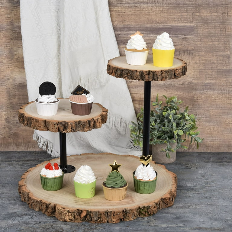 14 in 3 Tier Brown Black Round Natural Wood Dessert Stand Centerpiece