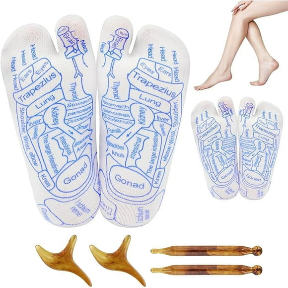 LxcshLjx 2Pairs Reflexology Socks with 4Pcs Trigger Point Massage Tool, Family Foot Acupoint Massage Map Socks, Rod, Acupuncture Reflexology Toe Separate Finger-Press Chart for Women Men