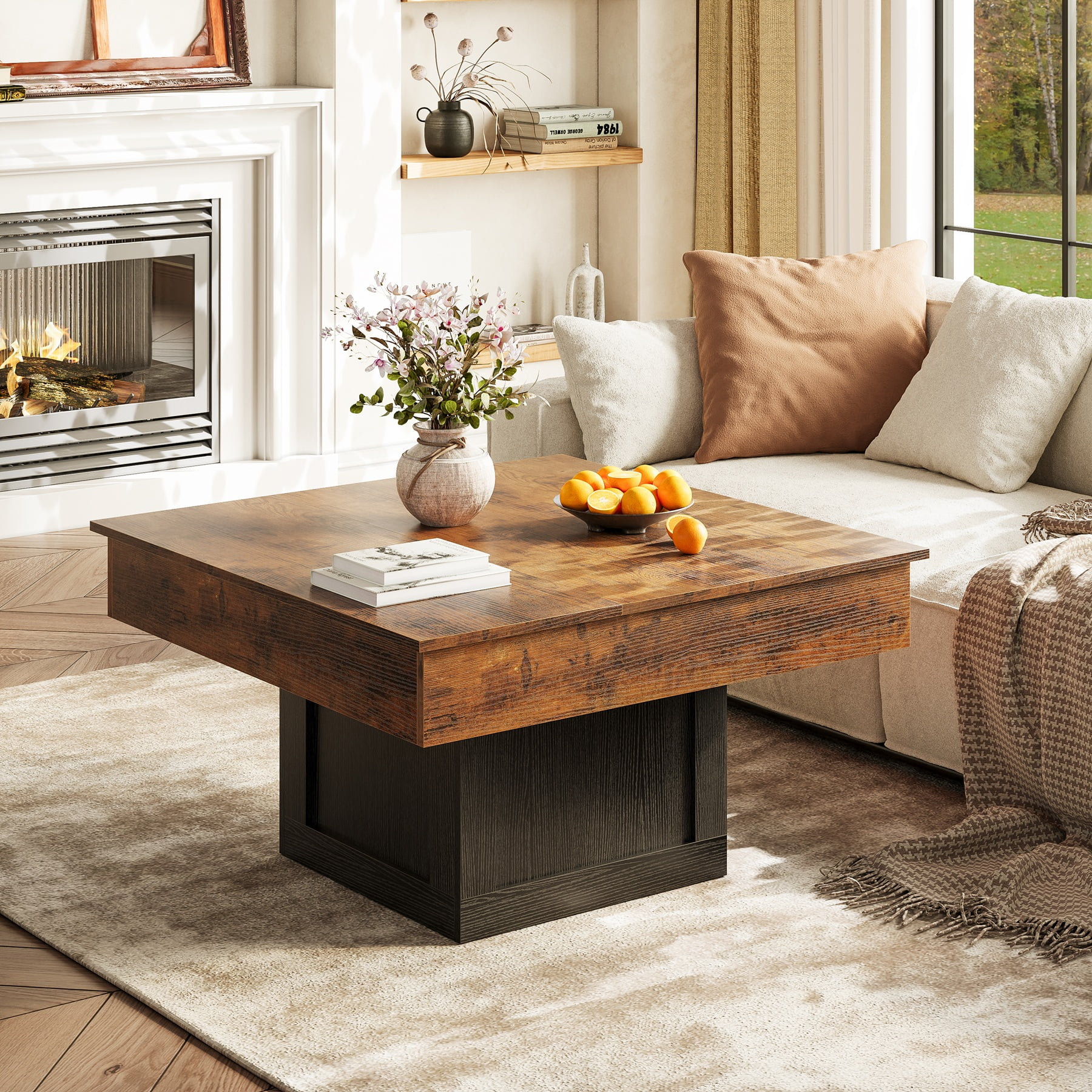 GUNAITO Lift Top Coffee Table with LED Lights, Modern Farmhouse Center Table with Storage, 31.5''Hx31.5''Wx19''D, Brown