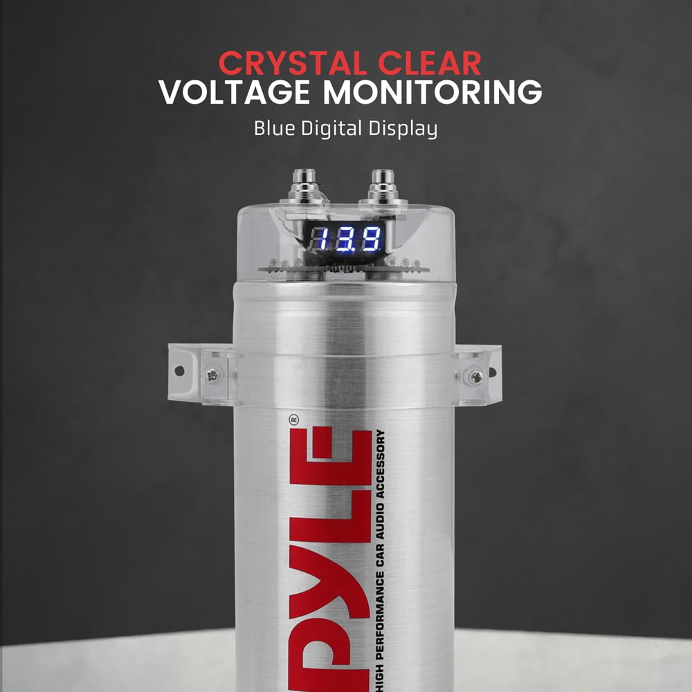 Pyle 3.2 Farad Digital Power Capacitor for Car Audio, LED Voltage Display, Electronic Polarity & Over-Voltage Protection, Includes Mounting Hardware and Post Kits (2.9" x 9.7")
