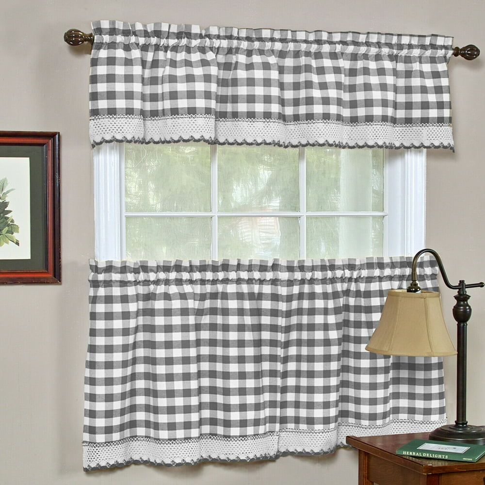 Country Farmhouse Complete 3 Pc. Plaid Checkered Café Kitchen Curtain