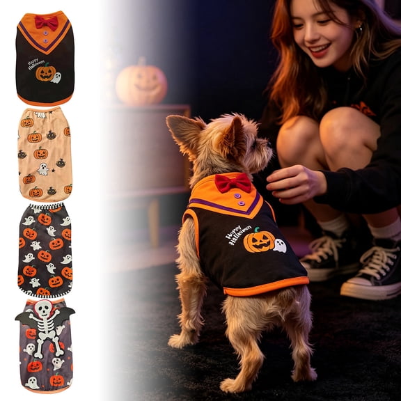 Dog Clothes, V Collar Bowknot Decor Pet Tank Top, Happy Halloween Pumpkin Ghost Print for Dogs and Cats Holiday Party L