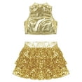 thumbnail image 3 of Aislor Kids Girls Sleeveless Crop Top with Sequins Skirted Shorts Set Salsa Samba Latin Jazz Dance Ballroom Costume Gold 14, 3 of 7