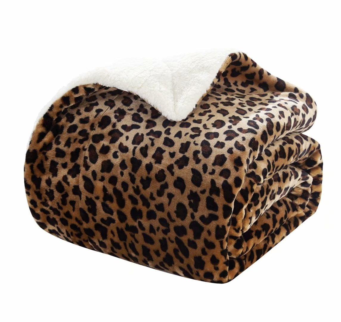 Merrylife Leopard Brown, Black Leopard Fleece Plush Throw, 70" x 60"