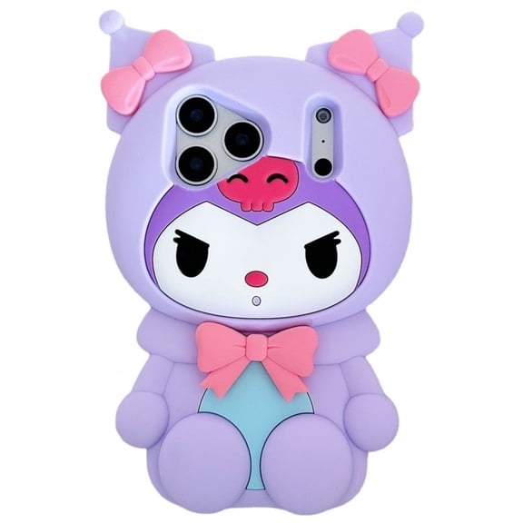 3D Kuromi Phone Case for iPhone 17 Pro Max 16 Plus 15 14 13, Cute Kawaii Soft Silicone Cartoon Case with Bow, Shockproof Protective Cover for Women Girls