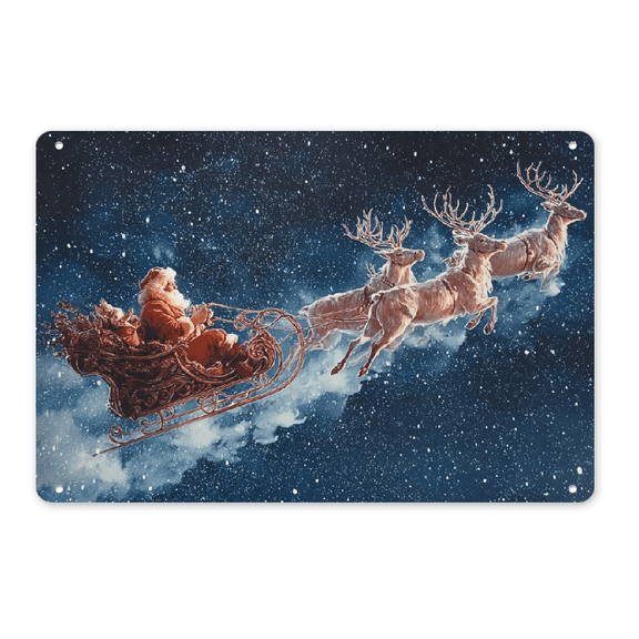 2D Flat, Santa Reindeers Christmas Vintage Tin Sign Metal Wall Art Plaque Decoration for Living Room Office Garden8*12in