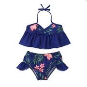 Angle View: Cathery Kids Baby Girls Split 3pcs Swimwear Bikini Tops+Ruffles Shorts+Headbands