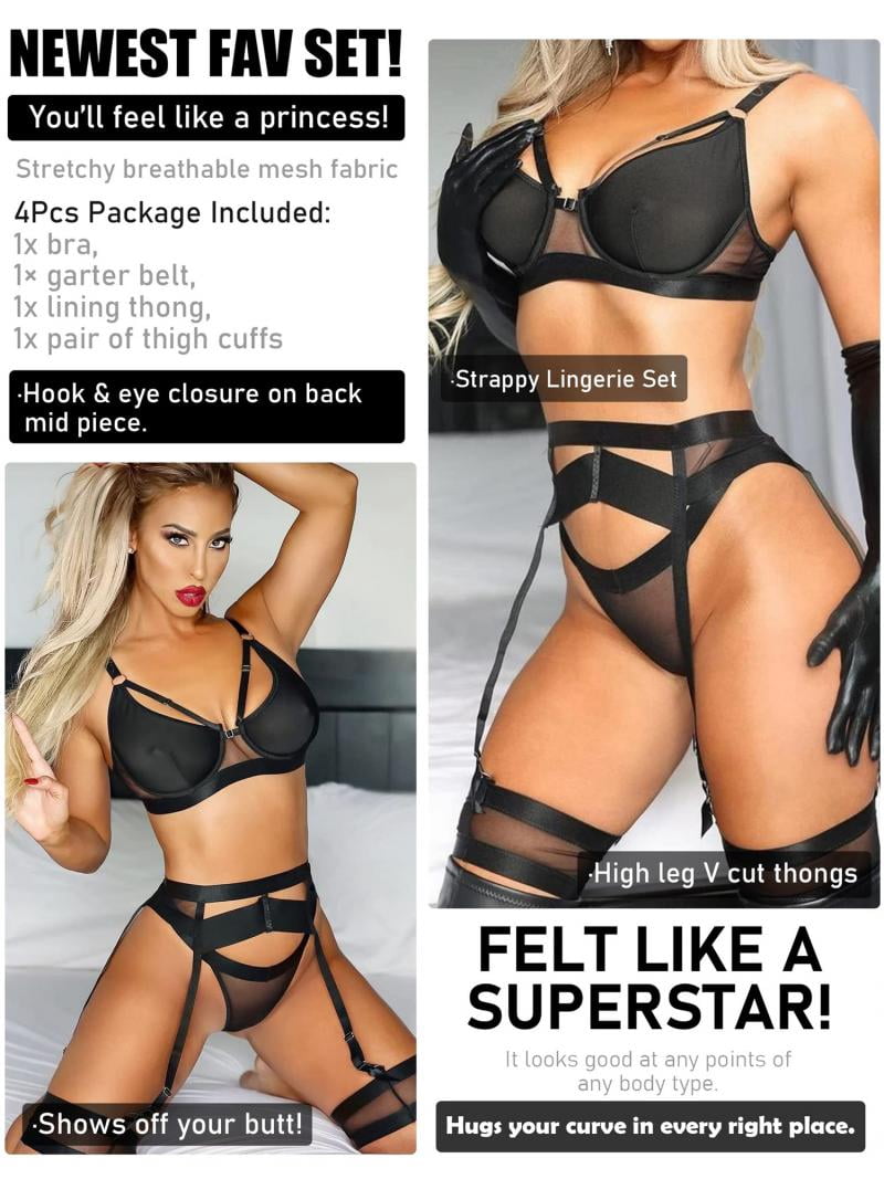 popiv Sexy Lingerie Set for Women 4 Piece Bra and Panty Set with Garter  Belt Strappy Lingerie Set with Thigh CuffsBlackS-XL - Walmart.com