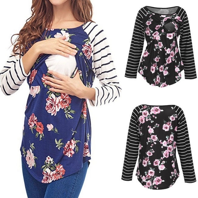 Womens Maternity Comfy Layered Floral Nursing Tunic Top for Pregnant Breastfeeding Tops Maternity Clothes 