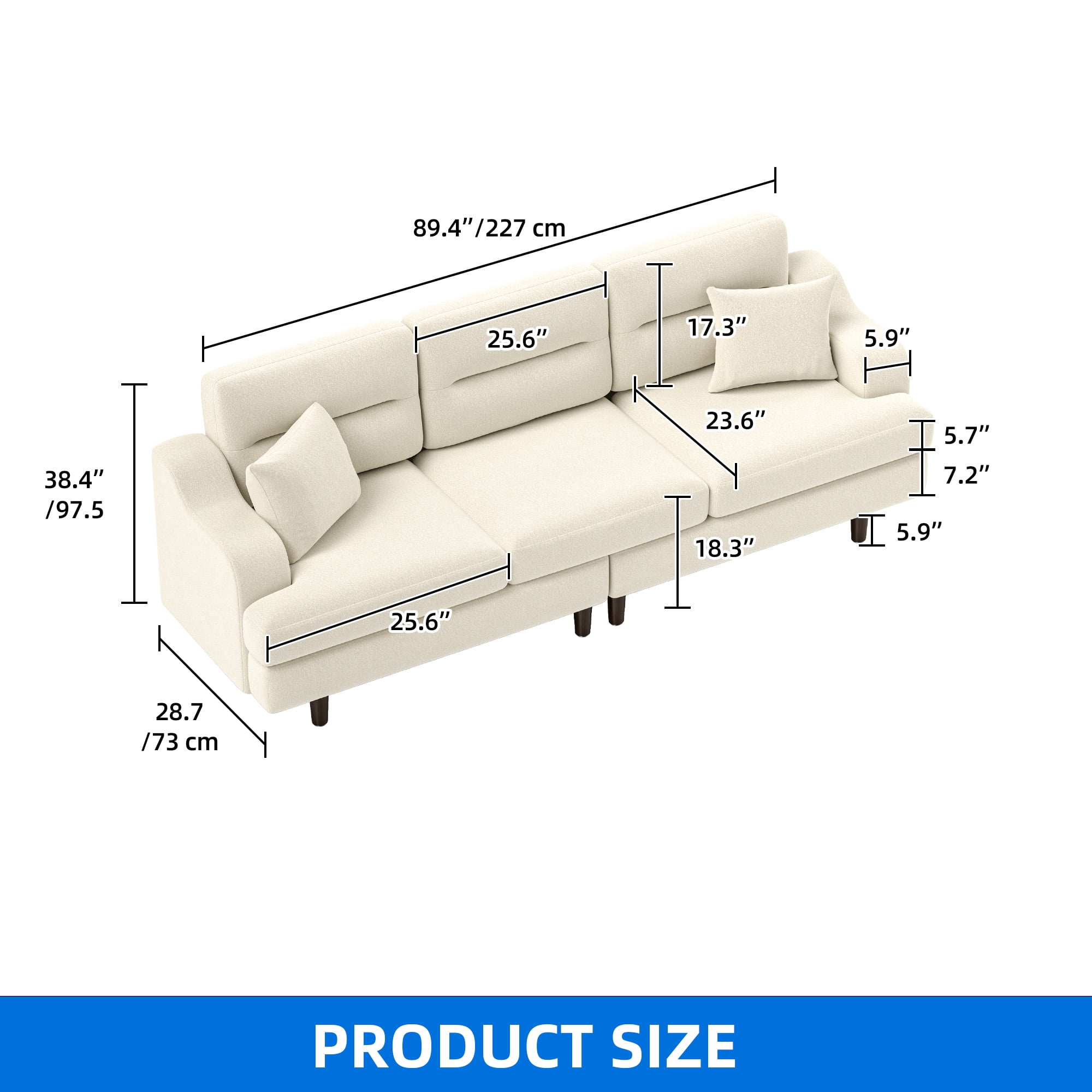 Uforic 3 Seater Sofa Couch, Deep Seats Comfy Sectional Sofa with Armrest for Living Room, Home Office, Beige