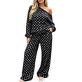 thumbnail image 3 of Tqyyweavej Polka Dot Two Piece Sets for Women Cold Shoulder Long Sleeve Tops and Wide Leg Pants with Pockets, Spring Travel Vacation Outfits 2026, 3 of 8