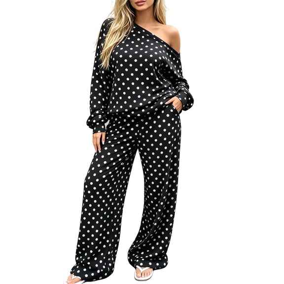 EOYWHK Women Polka Dot Sweatpants Set Long Sleeve Crew Neck Top Drawstring Elastic Waist Pants with Pockets Lounge