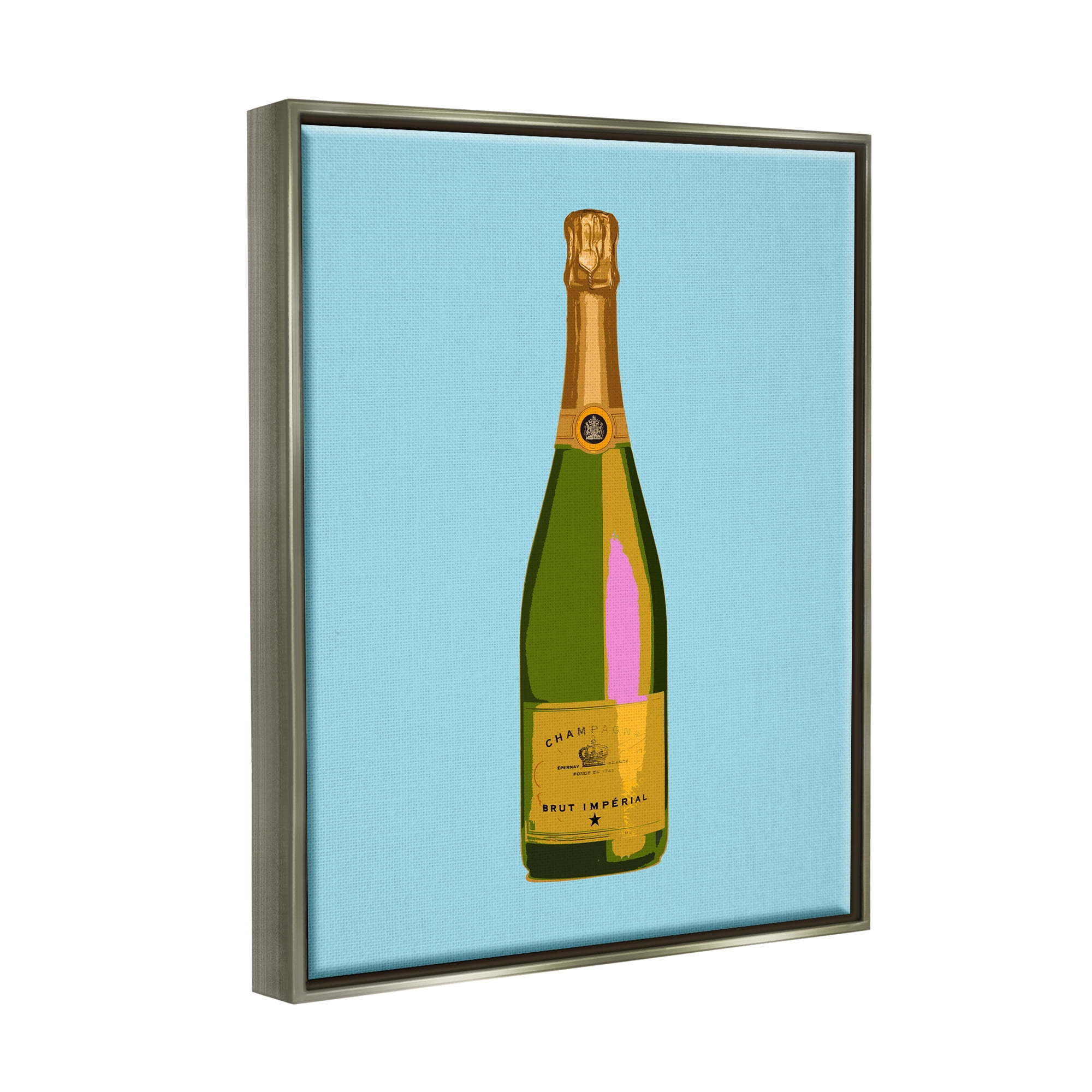 Stupell Industries Champagne Bottle on Blue Food & Beverage Painting Gray Floater Framed Canvas Art Print Wall Art, 25 x 31