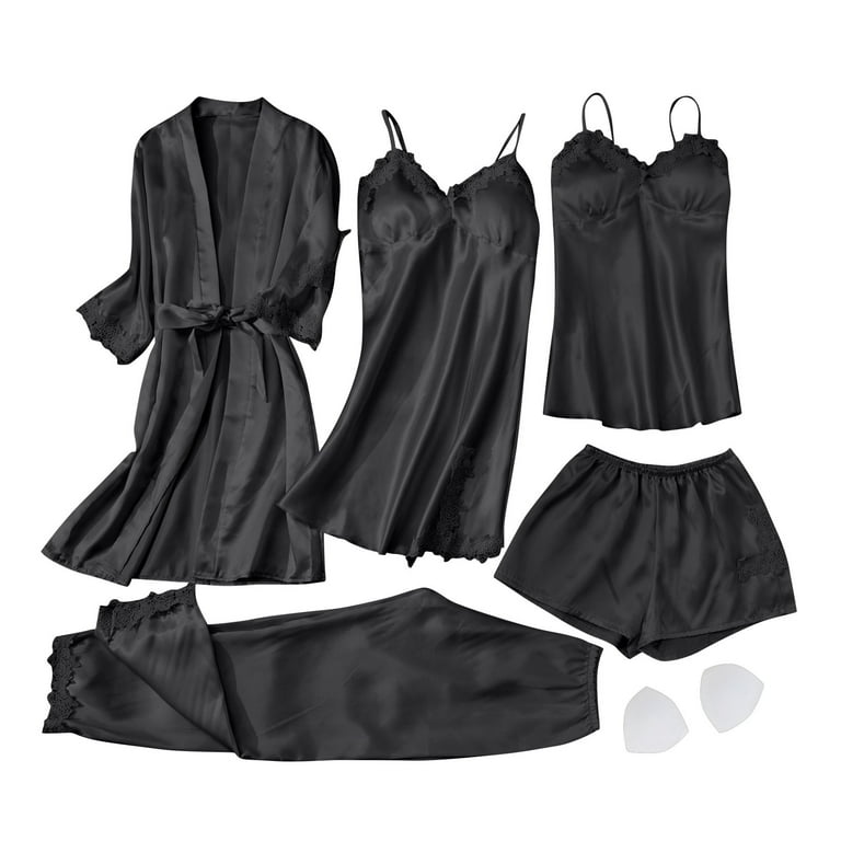 Nightgowns Black Robe 100% Long Silk Sling Pajamas Two Sets of Women Summer  Sexy Lace Sleepwear at  Women's Clothing store