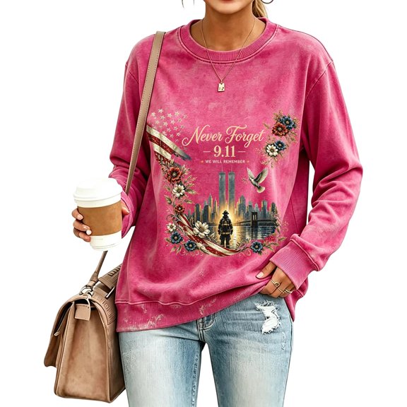 Yungyresw 9 11 Never Forget Graphic Crewneck Sweatshirt Women Casual Loose Long Sleeve Vintage Letter Print Pullover Fall Streetwear Top