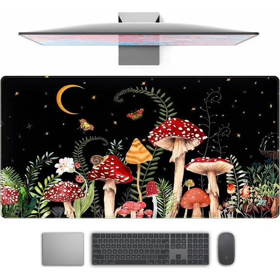 Ferns Leaves Cute Mushrooms Desk Mat Kawaii Green Plants Mouse Pad Xl Mat Large Gaming Desk Pad For Desk Decor Laptop Computer Keyboard Pad Desk Home Office For Women With Stitched Rounds 31.5x15.7 I