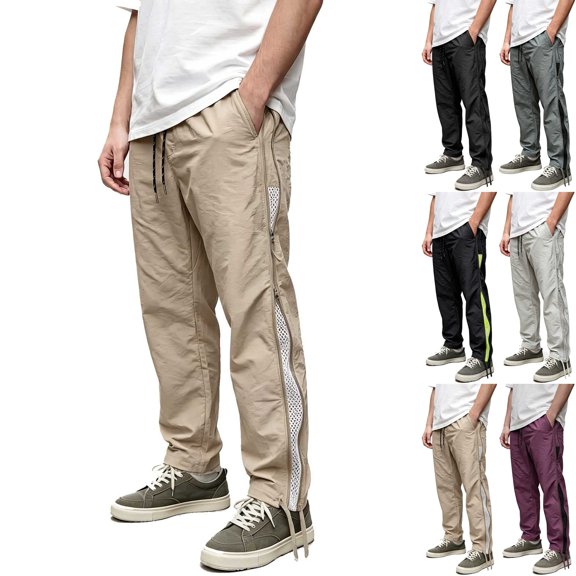 Men's Lightweight Track Pants with Side Zipper Mesh Vents Loose Fit Open Bottom Athletic Pants Drawstring for Running Workout, Khaki, XL