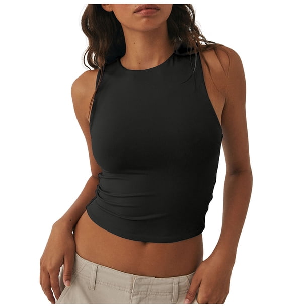 Camiseta sin mangas con cuello redondo y corte corto para mujer - Camiseta básica informal de verano para adolescentes, mezcla de nailon y spandex, tallas XS-XXXL
