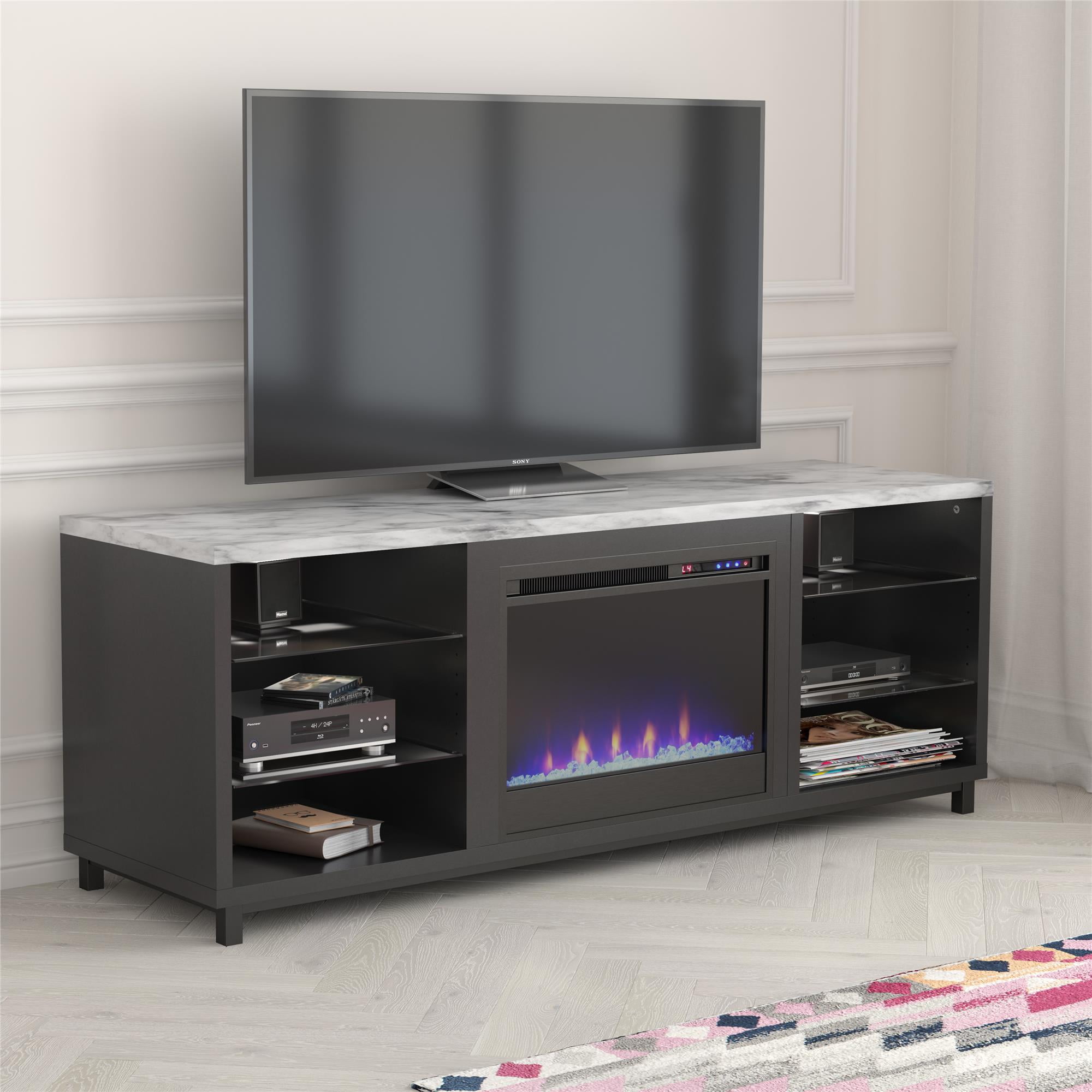 Marble top tv online stand with fireplace