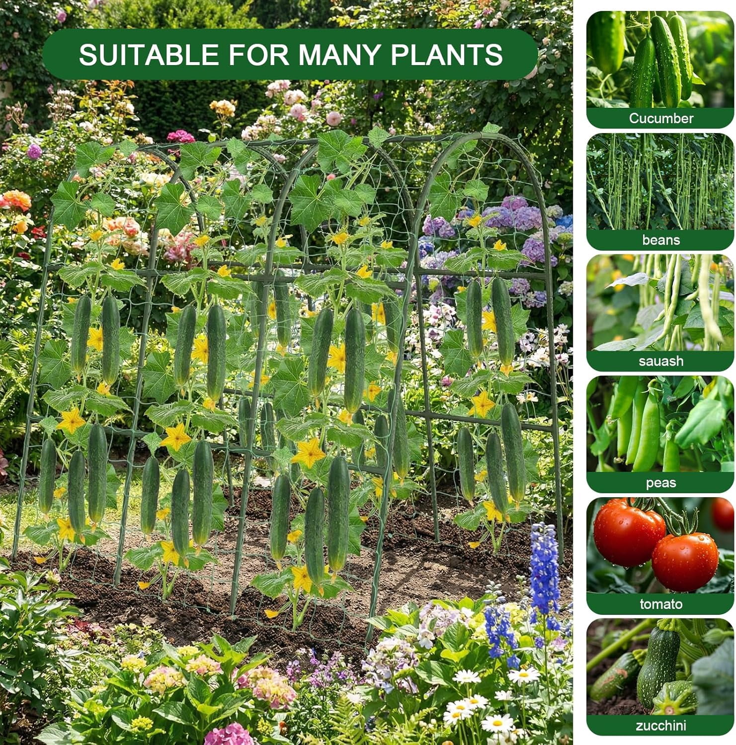 U-Shape Cucumber Trellis for Raised Bed - 47"x47"x22" Metal Garden Trellis with Net & Clips | Rust-Proof Plant Support for Cucumber, Tomato, Peas | Heavy-Duty Outdoor Climbing Plants Trellis
