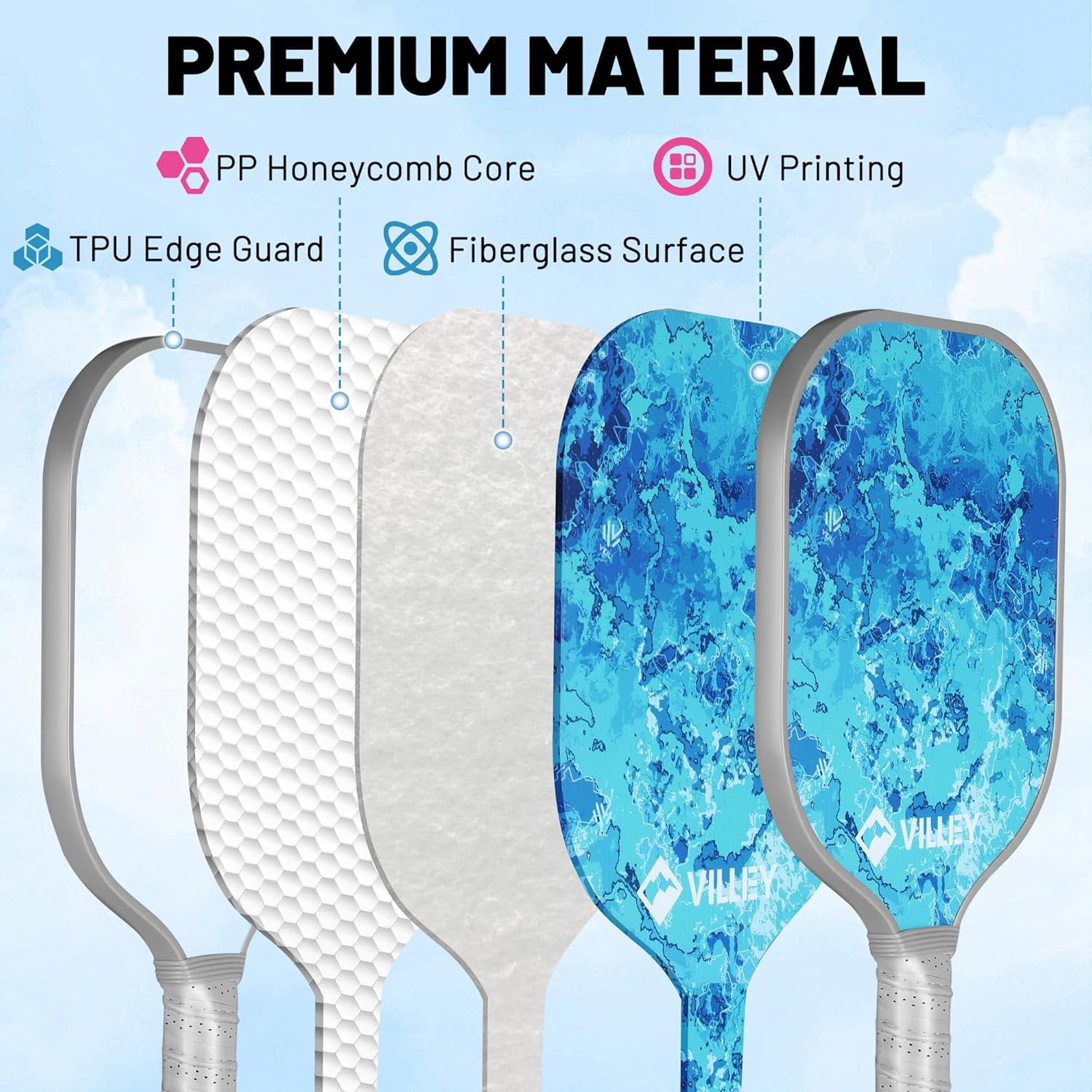 VILLEY Pickleball Paddles Set of 2, Fiberglass Surface Pickleball Set with 4 Pickleball Balls and Pickleball Bag, for Men, Women, Kids, Adults