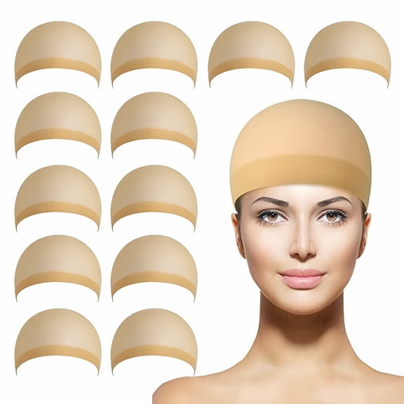 TELOLY 12 Packs Nylon Wig Caps for Lace Front Wigs Brown Skin Tone Stocking Wig Cap for Women Bald Cap for Wigs(Medium Brown)