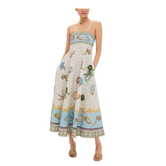 Women High Waist Cotton Linen Printed Cami Dress Casual Summer Sundress
